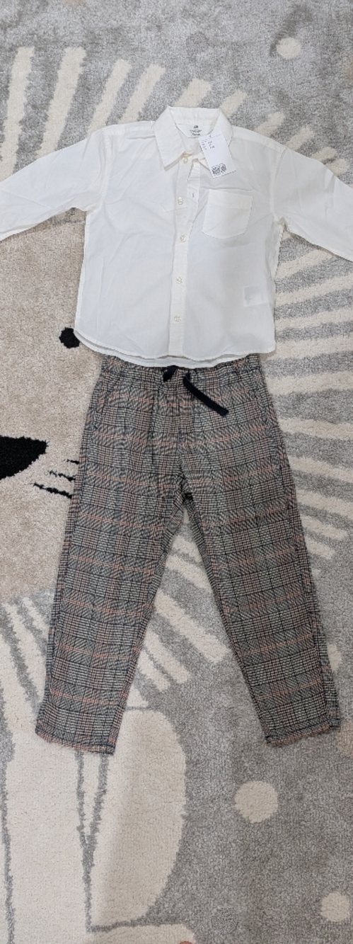 H&M White Shirt with Grey Checked Boy's Dress Pants featuring Orange Windowpane
